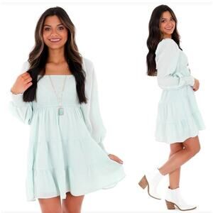 Blu Pepper Mint Green Long Sleeve Smocked Tiered Dress Size M Spring Summer